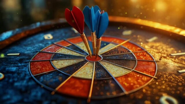 Three darts hitting the bullseye on a dartboard in a close-up shot, symbolizing precision, accuracy, and focus, suitable for business success or marketing goal achievement, in a vivid warm color palet