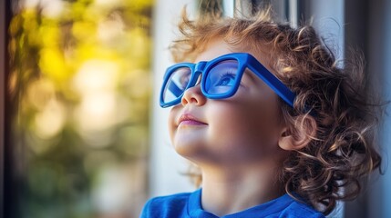 Young child wearing blue glasses focusing on distant tree outside window, symbolizing myopia prevention and importance of outdoor activities.