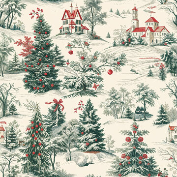 winter snow scene old christmas vintage semaless pattern Toile De Jouy decor