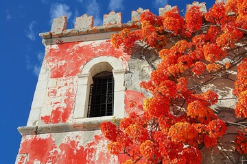 A beautifully vibrant scene captures the rich, peeling red facade of an old building juxtaposed with the striking foliage of orange autumn leaves against a clear blue sky