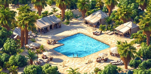 Fototapeta premium Aerial view of a resort with a swimming pool, tents, and palm trees.
