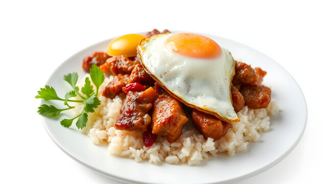 Pork tocino with rice and fried egg isolated with white highlights, png