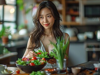 A woman prepares a fresh salad in a cozy kitchen setting.