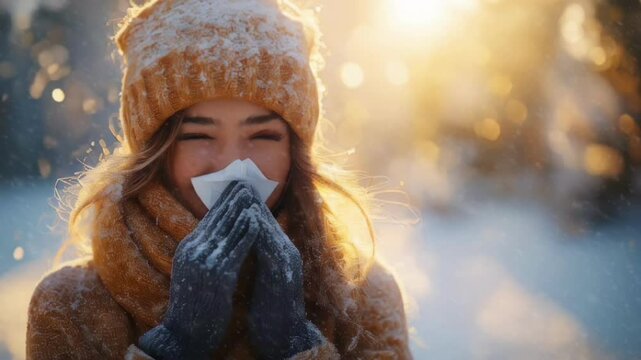 Young woman with light-brown hair sneezing in the snow, bundled in warm winter clothing, perfect for illustrating seasonal illness, winter cold, or holiday-themed health promotions, with a bright and 