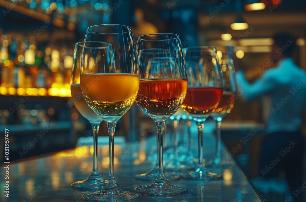 Poster elegant wine tasting featuring an array of glasses in a sophisticated bar setting at dusk