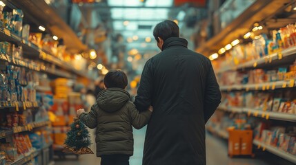Obraz premium A man with a little boy walks through a supermarket. Trusting relationship.Father and son. The child is holding a smoll Christmas tree in his hands. View from the back.