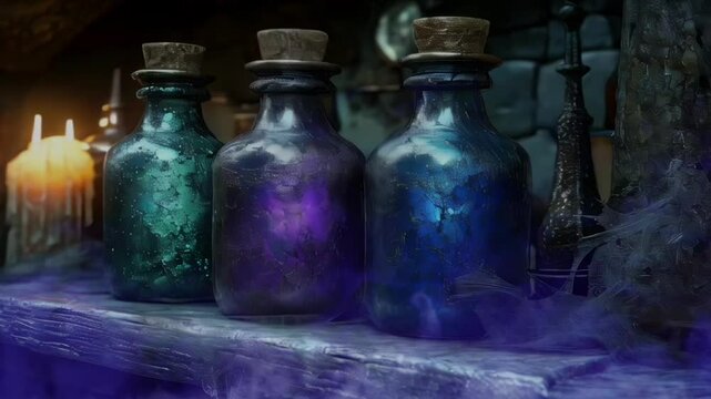 Mysterious vintage potion bottles on a wooden shelf in a dimly lit room with magical, mystical tones, perfect for Halloween, fantasy, or magic-themed designs, featuring dark blue, purple, and green hu