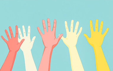 Obraz premium A minimalist illustration of hands, in various colors, reaching upwards towards the sky, symbolizes diversity and community building against a serene pastel blue backdrop.