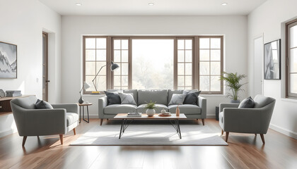 Fototapeta premium Interior of light living room with grey sofa, coffee table, armchair and big window isolated with white highlights, png