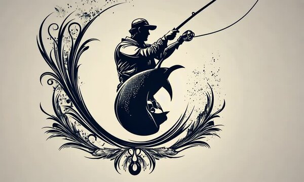 A silhouette of a fisherman reeling in a large fish surrounded by floral swirls.