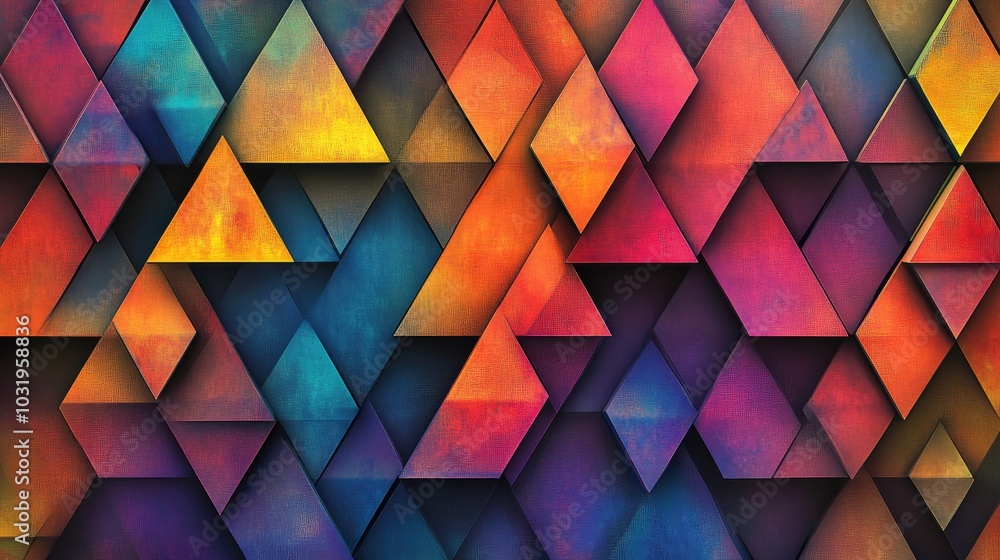 Poster a vibrant abstract pattern with stacked equilateral triangles in different sizes and colors, repeate