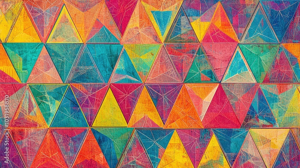 Poster a vibrant abstract pattern with stacked equilateral triangles in different sizes and colors, repeate