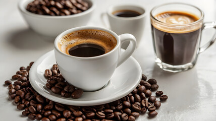 Obraz premium hot espresso and coffee bean on white table with soft-focus and over light in the background. top view