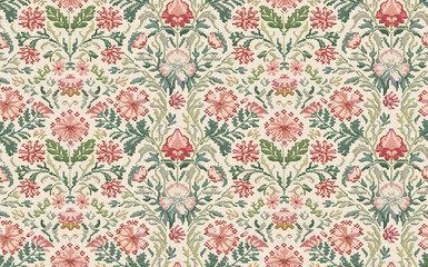 seamless pattern with flowers, seamless pink green cream 2x2 cross stitch retro style-tiled