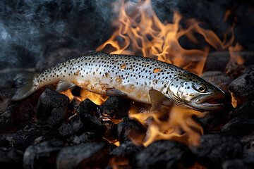 Obraz premium Baked fish on the grill with fire. Grilled fish commercial advertising photo