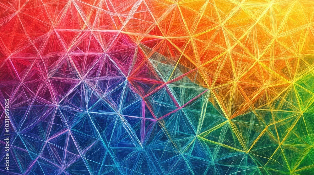 Poster a vibrant background of overlapping equilateral triangles, with rainbow threads weaving from the edg