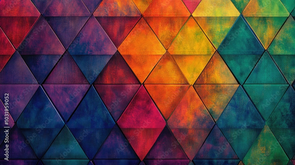 Aufkleber a vibrant background of overlapping equilateral triangles, with rainbow threads weaving from the edg