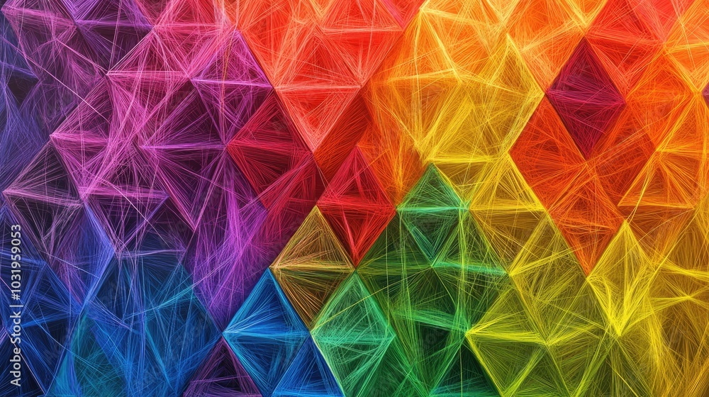 Aufkleber a vibrant background of overlapping equilateral triangles, with rainbow threads weaving from the edg