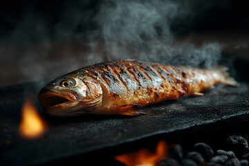 Baked fish on the grill with fire. Grilled fish commercial advertising photo