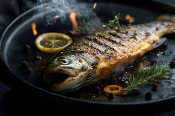 Baked fish on the grill with fire. Grilled fish commercial advertising photo