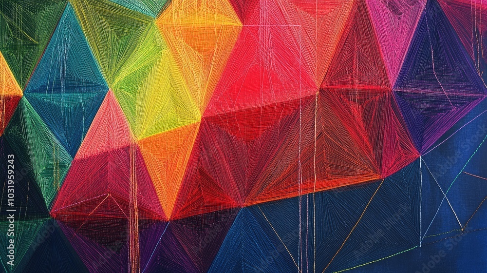 Poster a vibrant geometric background with equilateral triangles outlined in rainbow-colored thread, layere