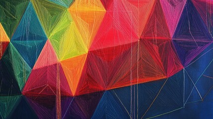 A vibrant geometric background with equilateral triangles outlined in rainbow-colored thread, layered and repeated to fill the space