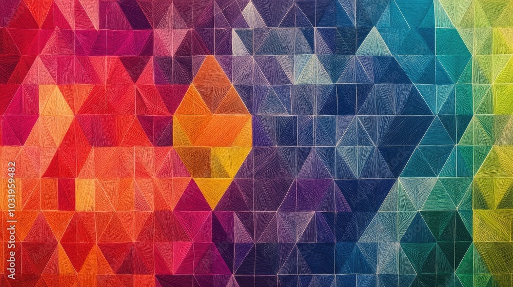 Poster abstract background of equilateral triangles outlined in rainbow-colored thread, stacked from edge t