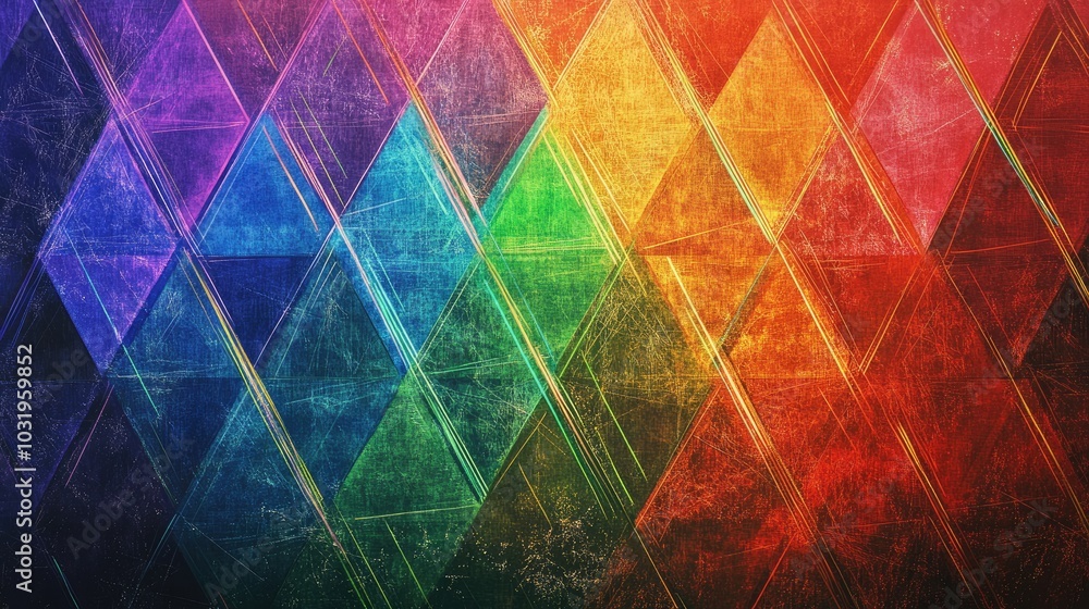Poster colorful background with equilateral triangles outlined by rainbow threads, layered from edge to cen