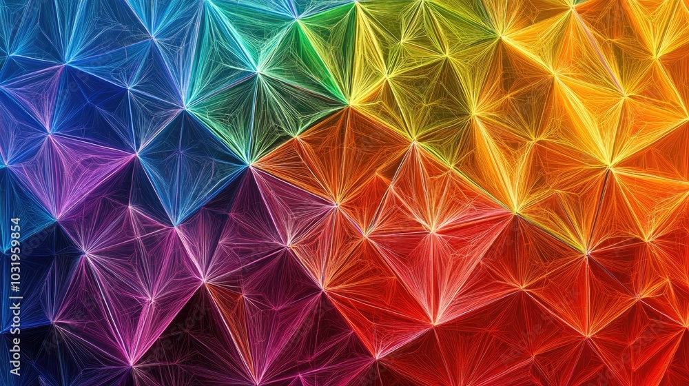 Poster colorful background with equilateral triangles outlined by rainbow threads, layered from edge to cen
