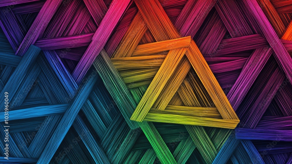 Poster Geometric background with equilateral triangles outlined by rainbow-colored threads, layered from edge to center and repeated throughout the design