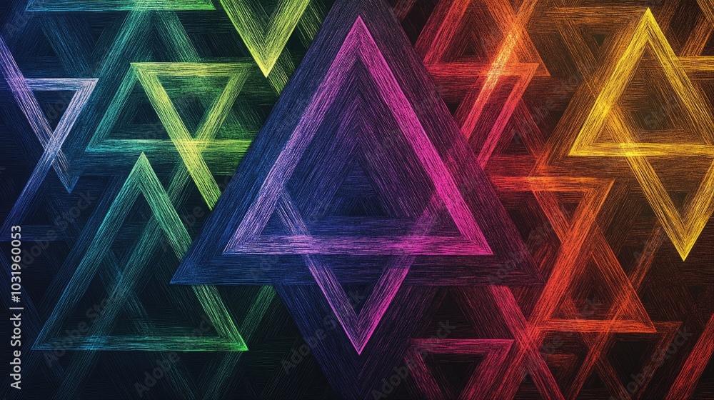 Poster geometric background with equilateral triangles outlined by rainbow-colored threads, layered from ed