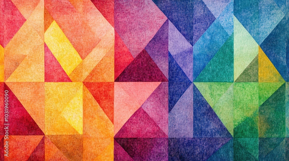 Poster vibrant background of rainbow-threaded equilateral triangles, layered from edge to center and repeat