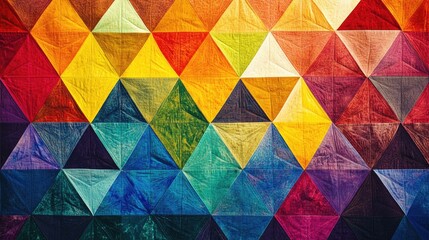 Vibrant background of rainbow-threaded equilateral triangles, layered from edge to center and repeated, creating a striking geometric pattern