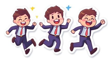A cartoon sticker of three office workers, one male and two females, all wearing business attire and smiling while running with excitement