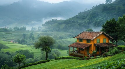 Fototapeta premium Rural Landscape, vibrant colors, serene environment, wide shot, inviting