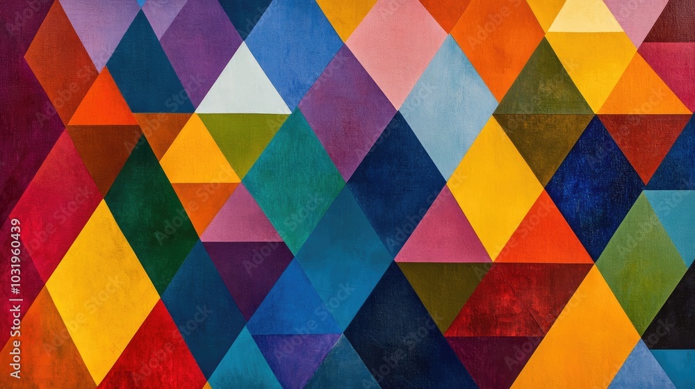 Poster a bold, colorful background with equilateral triangles in multiple sizes and colors, layered from la