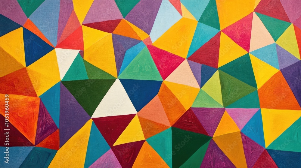 Poster a bold, colorful background with equilateral triangles in multiple sizes and colors, layered from la