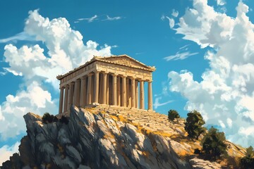 Obraz premium A digital illustration of an ancient Greek temple isolated on top of a rugged hill