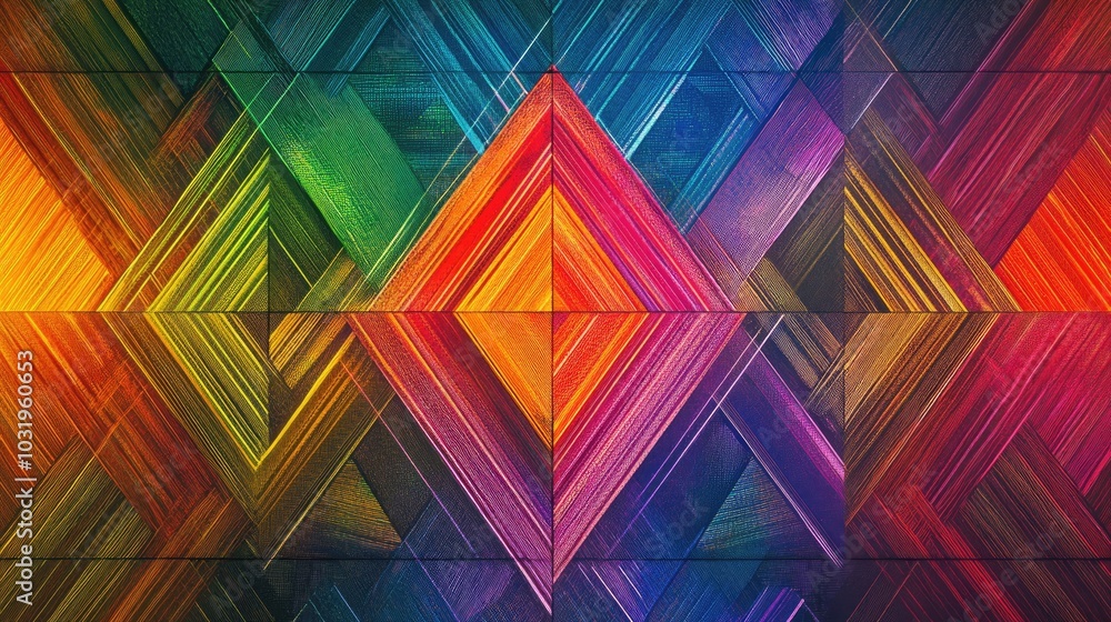 Poster a colorful, abstract background featuring equilateral triangles with rainbow-threaded sides, layered