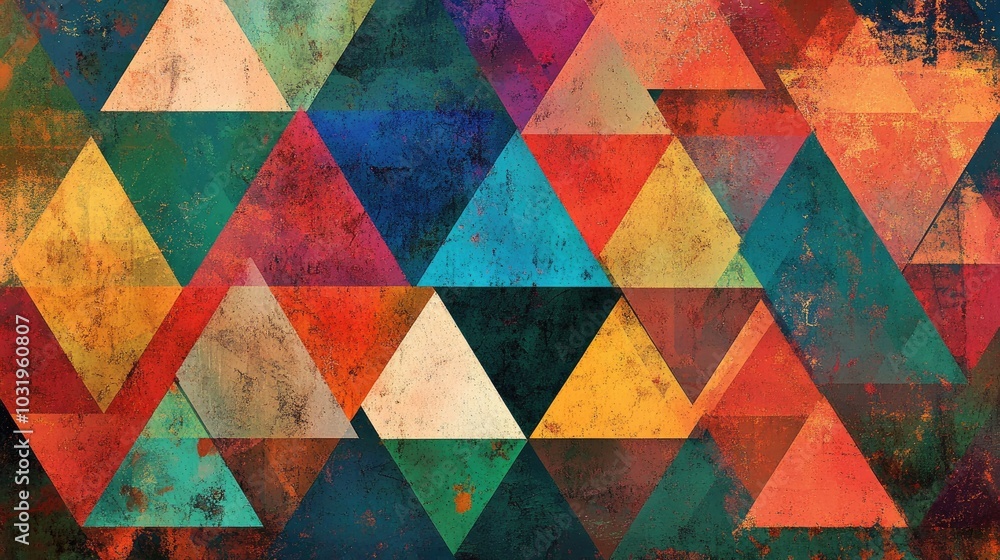 Aufkleber a colorful geometric background with layered equilateral triangles of various sizes and colors, repe