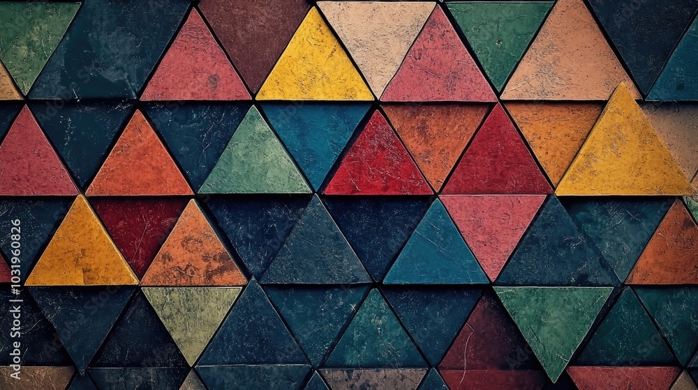 Poster a colorful geometric background with layered equilateral triangles of various sizes and colors, repe