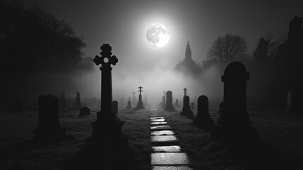 A full moon shining down on a foggy graveyard, casting long shadows from the tombstones.