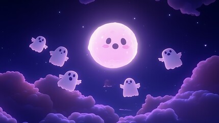 A group of cute cartoon ghosts floating around a full moon in a dark purple sky
