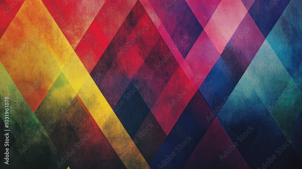 Poster a dynamic background featuring equilateral triangles with rainbow-threaded sides, layered from edge 