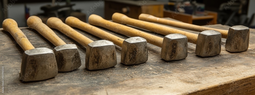 Poster uniform hammers aligned on a sturdy workbench, tools prepared for immediate craftsmanship and constr