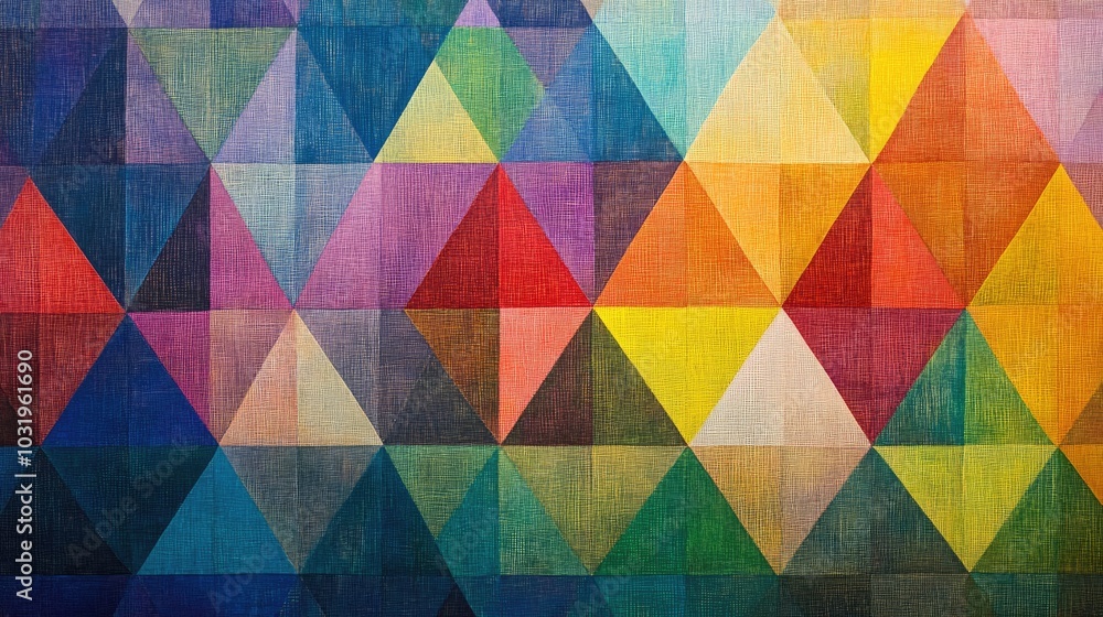 Poster a geometric background filled with layered equilateral triangles, each side woven with rainbow-color