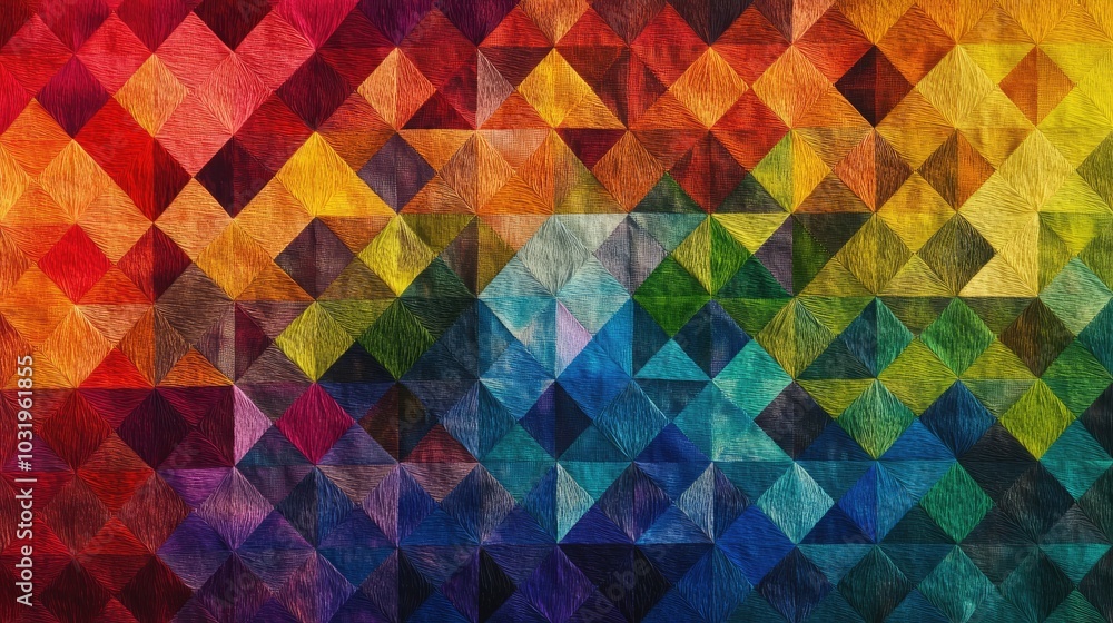 Poster a geometric design with equilateral triangles made of rainbow-colored thread, layered and repeated t