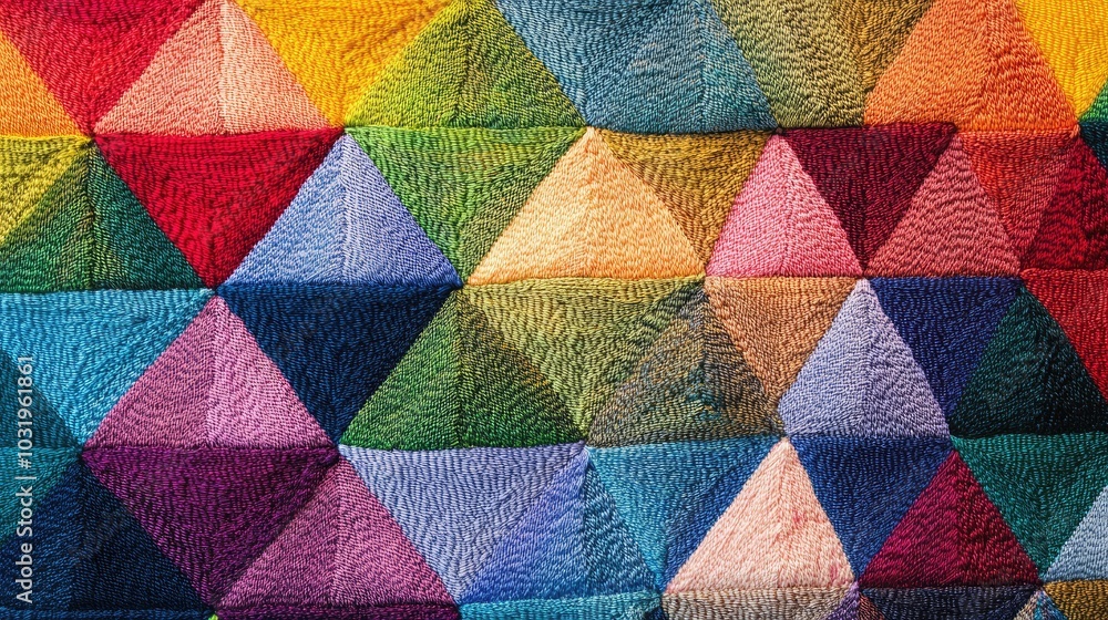 Poster a geometric design with equilateral triangles made of rainbow-colored thread, layered and repeated t