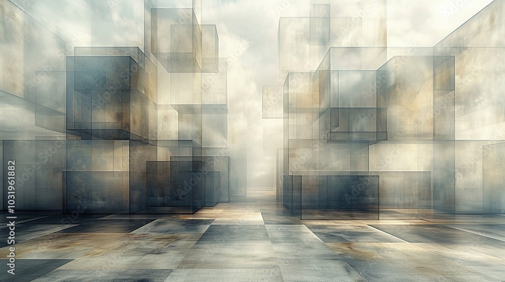 Poster abstract scene with translucent cubes and a cloudy atmosphere, creating a surreal environment.