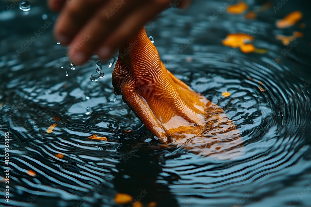 Poster a hand splashes water, creating ripples and capturing fallen leaves in a serene setting.